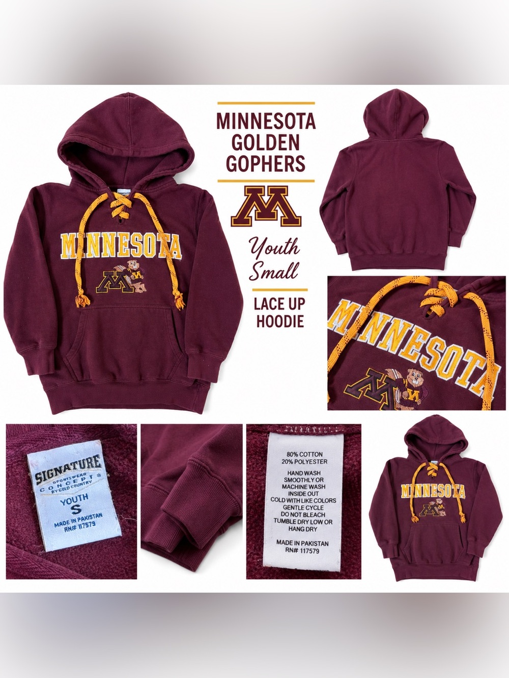 Minnesota Golden Gophers Youth S Maroon Lace Up Hoodie Goldy Gopher